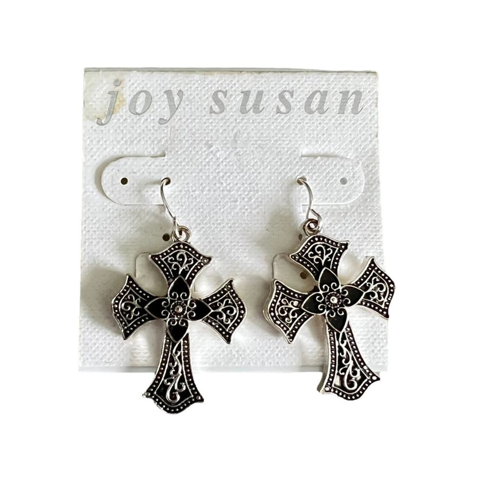 Joy Susan Gothic Cross Earrings Silver Tone NWT Christian Jewelry